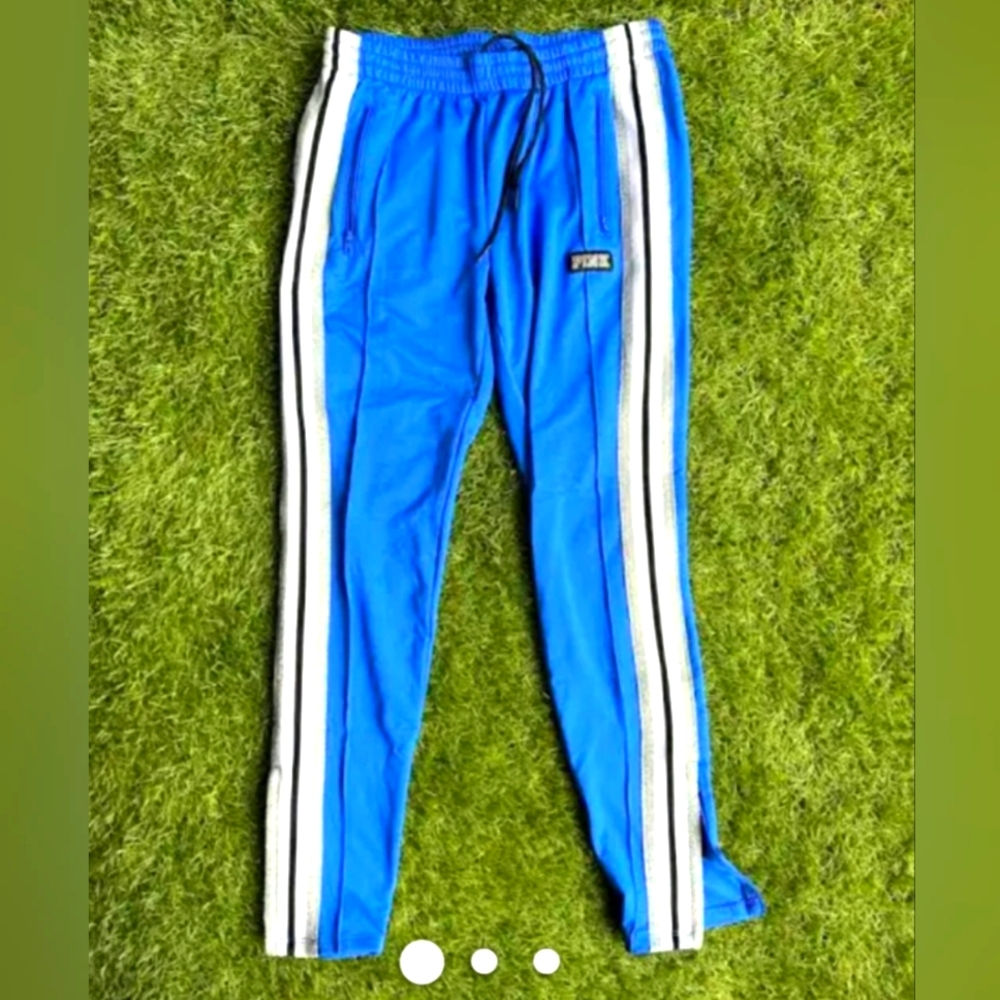 Nwt. VS PINK track pants are Blue, white, and silver. Size Large